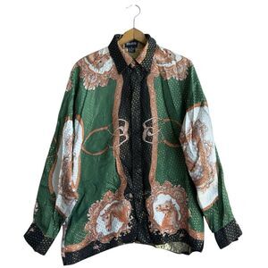 Bravo Silk Blend Baroque Equestrian Horse Shirt Men's M Green Vintage Opulent